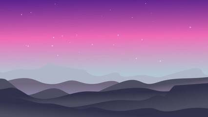 Soft mountain landscape with purple and pink sky and stars shining brightly