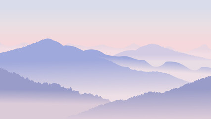 Soft pastel mountain landscape with misty hills and calm atmosphere at dawn