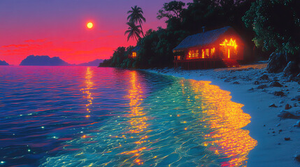A vibrant pink and orange sunset is reflected in the ocean water, illuminating the shoreline and bungalows on a tropical island. Lights shine from the bungalows on the sand