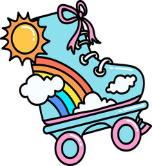 Retro Groovy Roller Skate With Rainbow Illustration