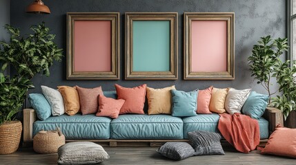 Cozy living room displays a light blue sofa with multiple pillows, wooden framed artwork hanging on the wall, and plants creating a serene and inviting atmosphere