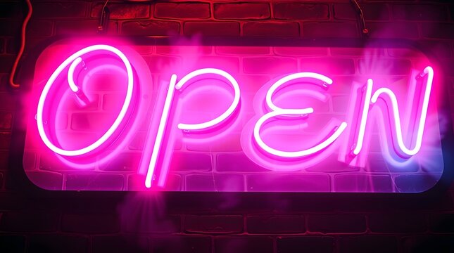 Vibrant Pink Neon Open Sign on Brick Wall
