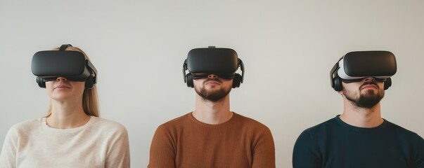 Three people wearing virtual reality headsets stand side by side against a plain background, immersed in a digital experience.