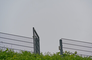 A garden gate stands open between metal bars with green plants against a grey sky as a background