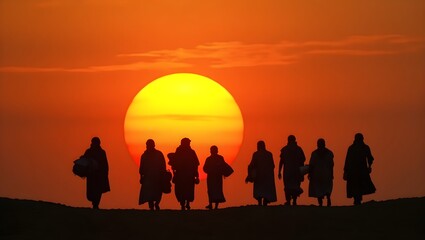 Fototapeta premium Silhouetted Refugees Walking at Sunset – World Refugee Day Concept Version 2