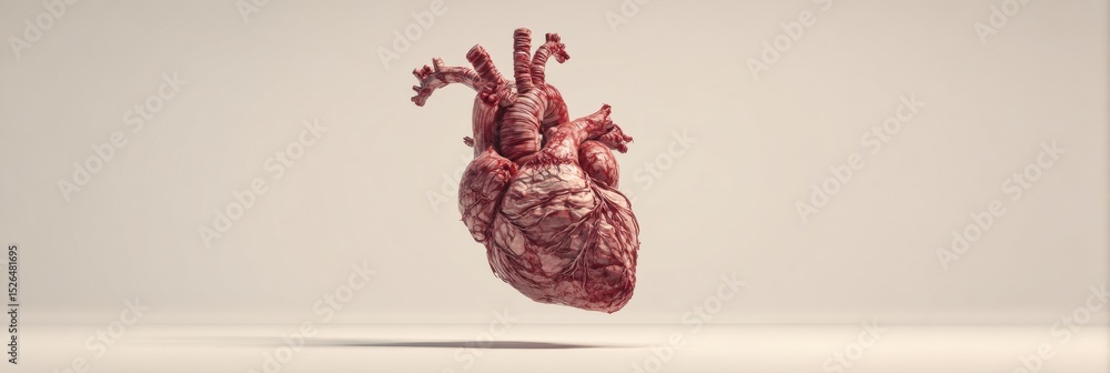 Poster 3D Anatomical Heart Design Floating Against a Clean, Minimal Backdrop Showcasing Intricate Detail and Realism in a Modern Artistic Representation