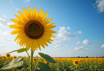 A vibrant sunflower in a field blooming under a bright blue sky with fluffy clouds