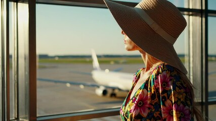 Fashionable woman wearing a floral dress and a wide brimmed straw hat gazes at an airplane through the large window of an airport terminal, contemplating her upcoming journey