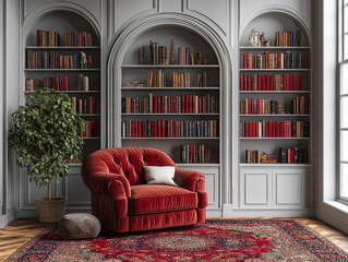 A cozy room presents a red armchair adorned with a white pillow and a grey ottoman in front of three bookcases. A potted plant is displayed next to the chair on an ornate rug