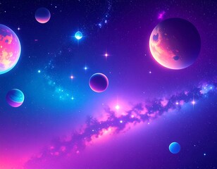 Neon space scene with planets
