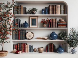 A white built-in bookcase is displayed, holding a collection of antique books, ceramic vases, framed art, and potted plants. The room feels calm and inviting