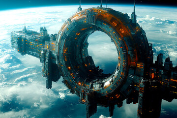 A massive space station with a circular ring design is positioned above Earth. Buildings and structures are attached to the ring, with glowing lights illuminating the futuristic cityscape