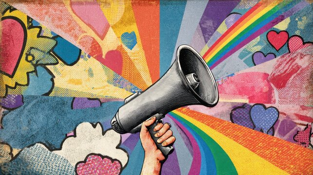 Vibrant Pride Celebration Concept with Rainbow Textures, Comic Book Hearts, and Vintage Megaphone Held High over Pride Flag Panels