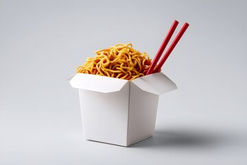 Takeout noodles in a box with chopsticks asian food delicious meal concept