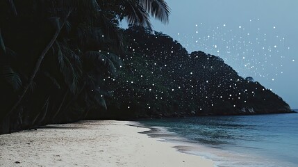 A tropical beach cove in Southeast Asia shows glowing bioluminescence outlining the jungle hillside. Small waves gently lap against the white sand beach at dusk. Palm trees line the shore