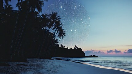 Silhouetted palm trees line the shore of a quiet caribbean beach. The sky fades from blue to pink as the sun sets. A digitally added glittering effect simulates the moon