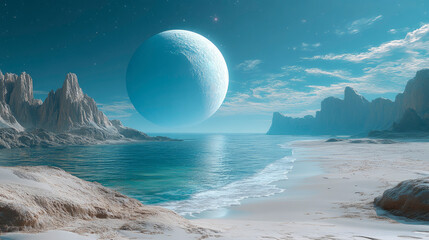 A calm beach landscape featuring white sand, turquoise water, and rock formations. A large moon dominates the horizon on this exoplanet, seen under a bright blue sky