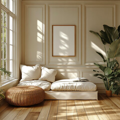 A daybed filled with soft cushions sits beside a bright window. Sunlight streams into the room, highlighting a book left open on the daybed and a potted plant in the corner