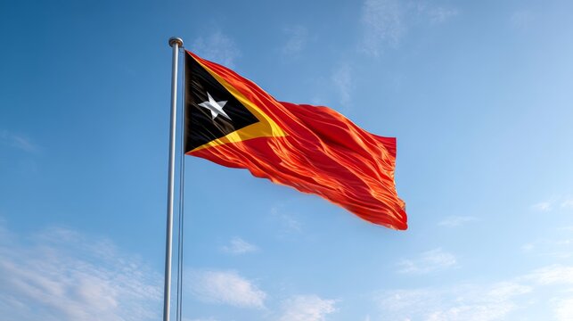 Realistic depiction of the East Timor flag fluttering against a clear blue sky
