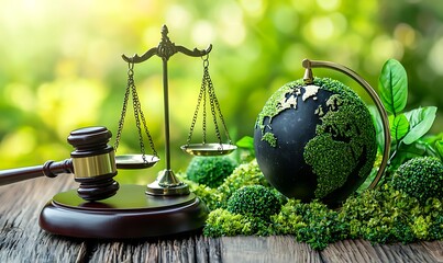 Gavel scales and earth globe depicting environmental law and justice on a wooden surface