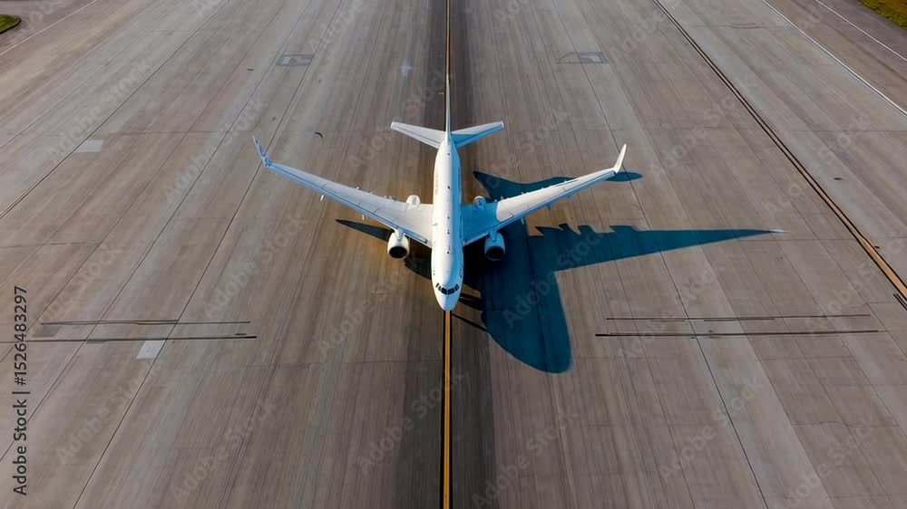 Poster passenger aircraft casting long shadow while moving smoothly across airport runway during bright day