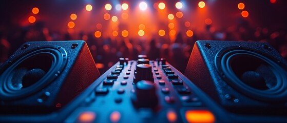 A focus on a dj's console during a music festival. A large audience is visible in the background, illuminated by stage lights. The atmosphere is vibrant and energetic