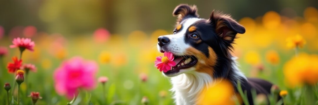 Collie-border mix playfully chomping on vibrant flower , happy, fluffy