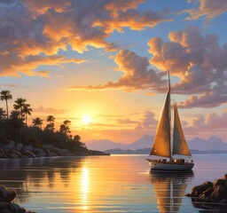 Illustration of sailboat yaht in calm ocean with island and sunrise.