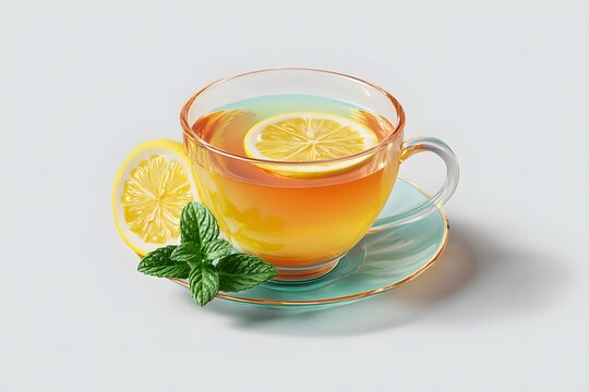 Refreshing lemon tea with mint leaves in glass cup beverage drink still life