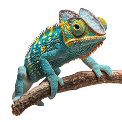 Obraz premium Vibrant Chameleon on a Branch, Exuding Rich Colors and Detailed Texture