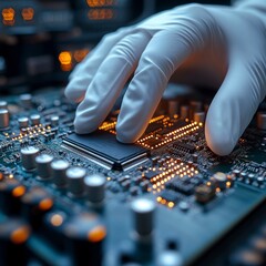 A hand wearing a protective white glove gently presses a microchip onto an elaborate green circuit board. The board is filled with other components, and some connections glow with light