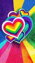Vibrant Pop Art Design with Cascading Rainbow Hearts and Starburst Patterns on Layered Halftone Backgrounds