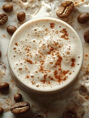 A frothy latte, dusted with spice, is presented on a marbled surface. Roasted coffee beans are scattered around the drink creating a warm, inviting atmosphere