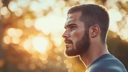Thoughtful Man with a Beard at Sunset