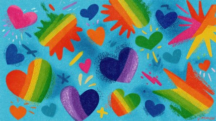 Vibrant Rainbow Hearts and Speech Marks on Cyan Background with Ink Texture - Love and Communication Concept