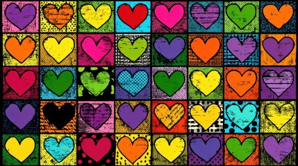 Rainbow Hearts Grid Wallpaper with Comic Outlines and Retro Textures