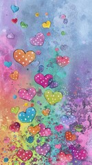 Colorful Comic Hearts Cascade with Polka Dots and Ink Splashes on Pastel Background - Vibrant Love and Fun Concept