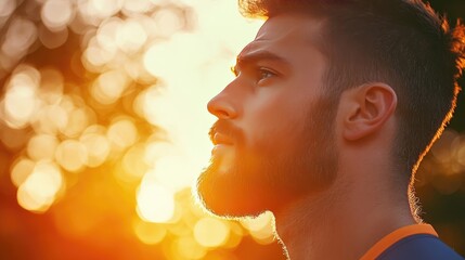 Thoughtful Man with a Beard at Sunset