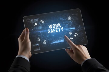 Work safety instruction standards law insurance industrial technology and regulation concept. man hand holding digital tablet, Generated AI