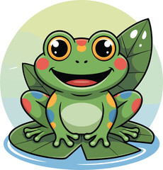 Obraz premium Happy Cartoon Frog Sitting On Leaf With Vibrant Colors