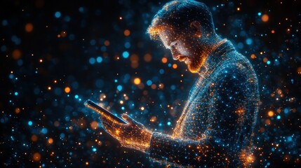 Man using tablet, digital particles, dark background, data stream