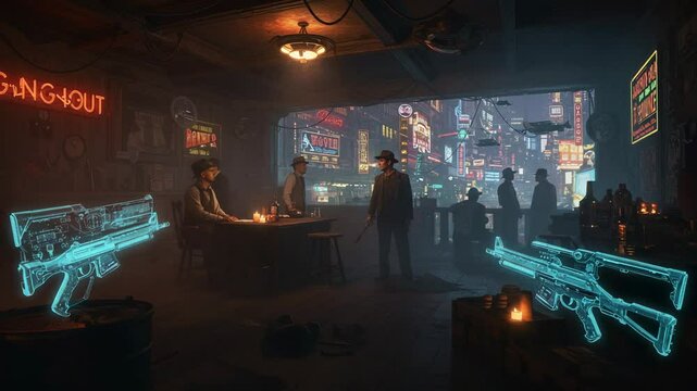 Sci-fi gangsters meet in a dimly lit bar overlooking a cyberpunk city