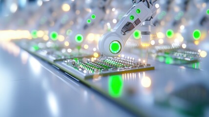 Fototapeta premium Futuristic robotics manufacturing, advanced mechanical arm assembling circuit boards with precision and innovative technology. Robotics and automation