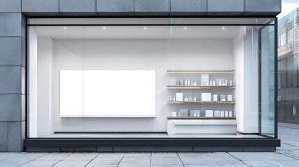 Storefront mockup blank display window advertising space retail shop design product showcase marketing