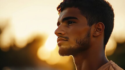 Thoughtful Man with a Beard at Sunset