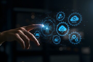 Smart industry 4.0, automation and optimisation concept on virtual. Business and modern technology concept. human hand with gears, Generated AI
