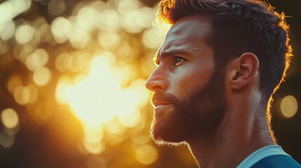 Thoughtful Man with a Beard at Sunset