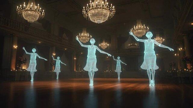 Flapper holograms dancing in ballroom, illuminated by chandeliers