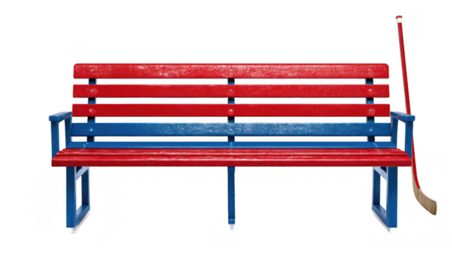 Red and blue bench beside hockey stick on transparent background representing ice hockey team's penalty box, symbolizing sports, competition, and timeout
