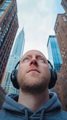Urban Man in Headphones Looking Up at Skyscrapers